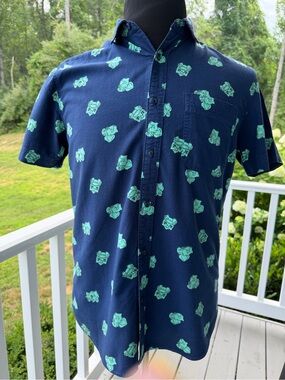 Men's Navy Short-Sleeve Button-Up Shirt with Mint Print